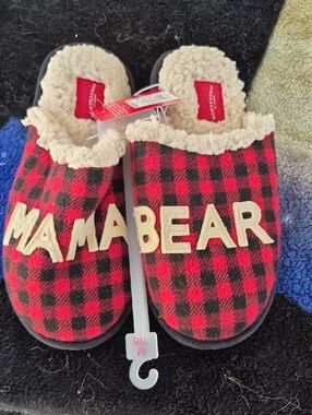 wonder nation Red and Black Buffalo Plaid 'MAMA BEAR' Kids Slippers